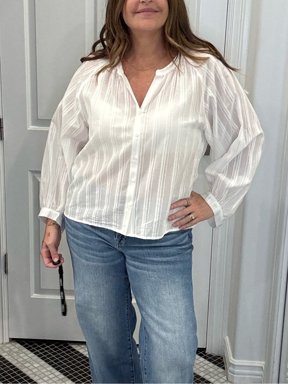 Z Supply Striped White Peasant Top